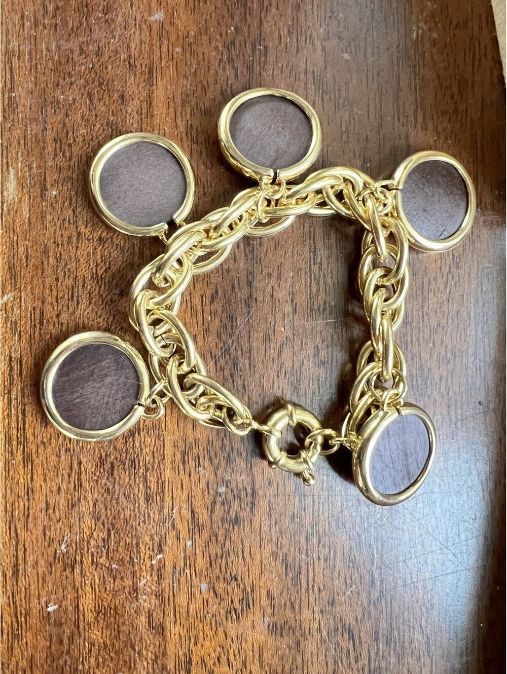 J.Crew Gold Tone Chain Bracelet Wood Disc Charms Statement w/ Box